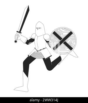 Brave knight running with armor black and white 2D line cartoon character Stock Vector