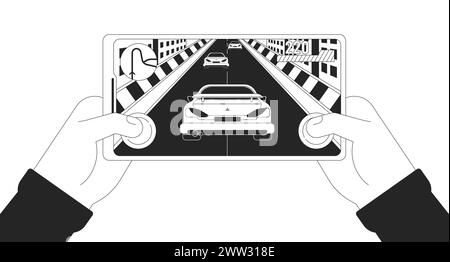 Gamer enjoying online car racing cartoon human hands outline illustration Stock Vector