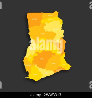 Ghana political map of administrative divisions - regions. Yellow shade flat vector map with name labels and dropped shadow isolated on dark grey background. Stock Vector