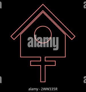 Neon bird box starling house birdhouse nesting red color vector illustration image flat style light Stock Vector