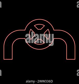 Neon pipe with valve pipeline with fitting tap flow control industry system red color vector illustration image flat style light Stock Vector