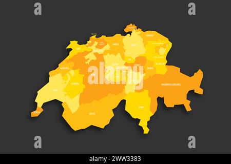 Switzerland political map of administrative divisions - cantons. Yellow shade flat vector map with name labels and dropped shadow isolated on dark grey background. Stock Vector