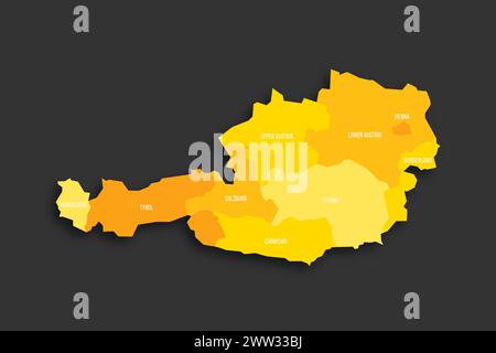 Austria political map of administrative divisions - federal states. Yellow shade flat vector map with name labels and dropped shadow isolated on dark grey background. Stock Vector