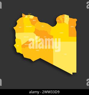 Libya political map of administrative divisions - districts. Yellow shade flat vector map with name labels and dropped shadow isolated on dark grey background. Stock Vector