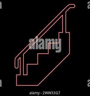 Neon staircase with railings stairs with handrail ladder fence stairway red color vector illustration image flat style light Stock Vector