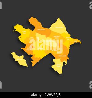 Azerbaijan political map of administrative divisions - districts, cities and autonomous republic of Nakhchivan. Yellow shade flat vector map with name labels and dropped shadow isolated on dark grey background. Stock Vector