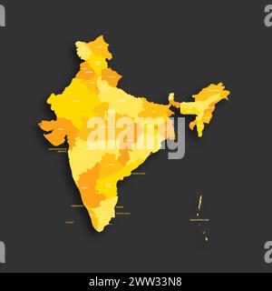 India political map of administrative divisions - states and union teritorries. Yellow shade flat vector map with name labels and dropped shadow isolated on dark grey background. Stock Vector