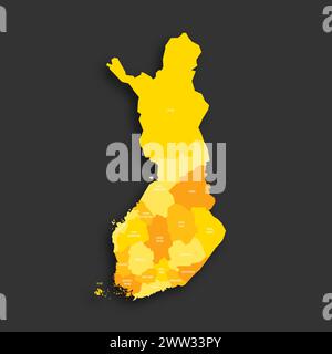 Finland political map of administrative divisions - regions and one autonomous region of Aland. Yellow shade flat vector map with name labels and dropped shadow isolated on dark grey background. Stock Vector