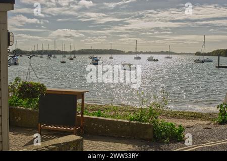 Moored boats at Dell Quay in Chichester Harbour, West Sussex, England Stock Photo
