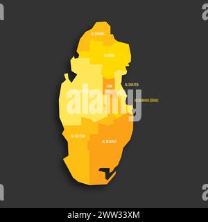 Qatar political map of administrative divisions - municipalities. Yellow shade flat vector map with name labels and dropped shadow isolated on dark grey background. Stock Vector
