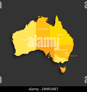 Australia political map of administrative divisions - states and teritorries. Yellow shade flat vector map with name labels and dropped shadow isolated on dark grey background. Stock Vector