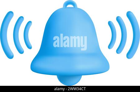 Blue bell ringing. Notification 3d icon. Reminder symbol isolated on white background Stock Vector