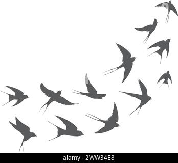Flying swallow silhouettes. Black martin birds flock isolated on white background Stock Vector