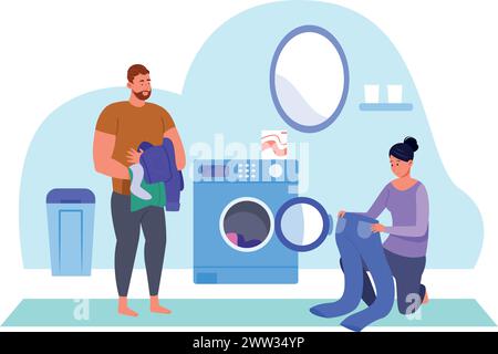 Couple doing laundry together. Man and woman washing clothes isolated on white background Stock Vector