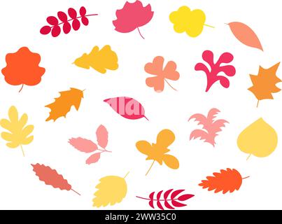 Collection of autumn hand drawn foliage. Tree leaves, herbarium set. Colorful orange yellow red last year leaves. Cartoon flat vector icons isolated o Stock Vector