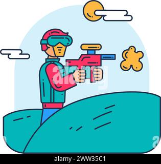 Young extreme athlete in protective uniform shoots paintball gun from cover at enemy. Extreme sports and active lifestyle. Simple colored stroked vect Stock Vector