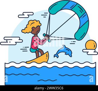 Young extreme athlete controls parachute and rides through waves on kiteboard. Extreme sports and active lifestyle. Simple colored stroked vector icon Stock Vector