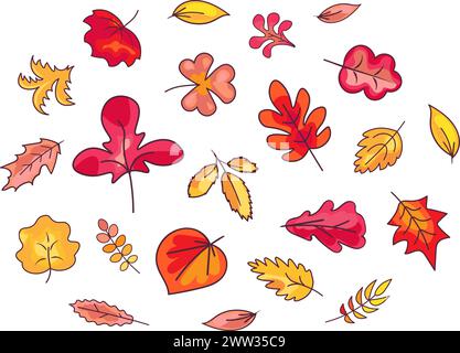 Collection of November autumn hand drawn leafage. Tree leaves, herbarium kit. Forest orange yellow red last year leaves. Cartoon stroked sketch vector Stock Vector