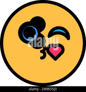 Party Circle Emoji winks eye and sends an air kiss, birthday symbol. Simple style festive circle emoji winks for design of children entertainment cent Stock Vector
