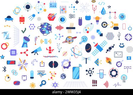 Collection of abstract techno elements, hand drawn big data devices. Modern high tech tools for studying, research and communication. Cartoon flat vec Stock Vector