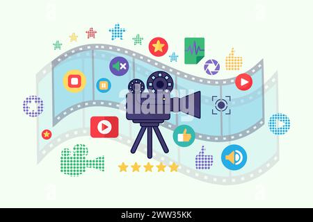 Old movie camera with reels on tripod. Premiere of new film in cinema concept. Horizontal banner, advertising television and multimedia studio. Cartoo Stock Vector