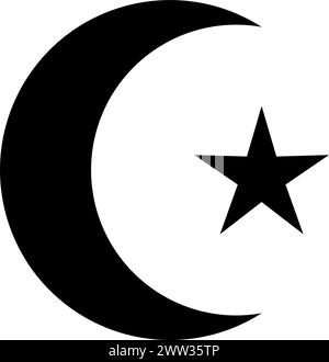 Crescent star mystical religious symbol. Spiritual Muslim sign of traditional culture of worship and veneration. Simple black and white vector isolate Stock Vector