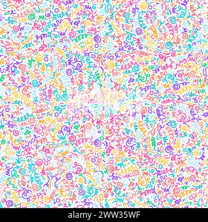 Neon abstract 90s style art seamless pattern with squiggle, scribble and curls. Ornament for printing on fabric, cover and packaging. Color fluorescen Stock Vector