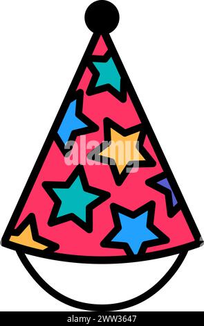Headdress Party cone cap decorated with star pattern, birthday symbol. Simple style of festive cone cap for design of children entertainment center. C Stock Vector