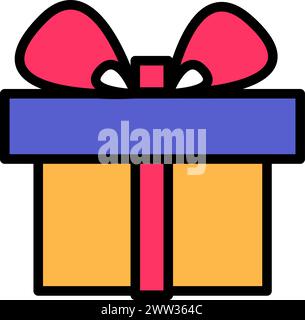 Closed Party gift box with surprise tied with ribbon and bow, birthday symbol. Simple style festive gift box for design of children entertainment cent Stock Vector