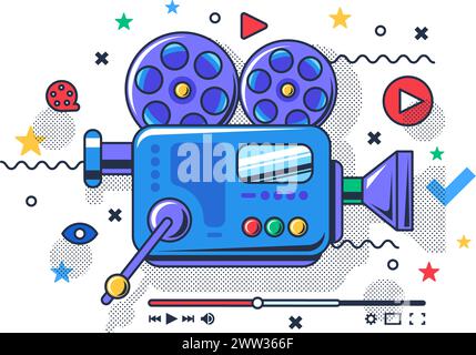 Vintage video camera. Cinematography premiere concept. Horizontal banner in futuristic style, advertisement entertainment performance. Cartoon outline Stock Vector