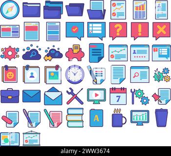 Collection of simple business elements, hand drawn document folder, presentation, resume, email envelope, company profitability analysis chart. Cartoo Stock Vector