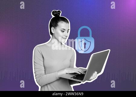 Trend 3D photo collage composite image of black white silhouette young lady hold laptop in hand locked monitor hacker find password Stock Photo