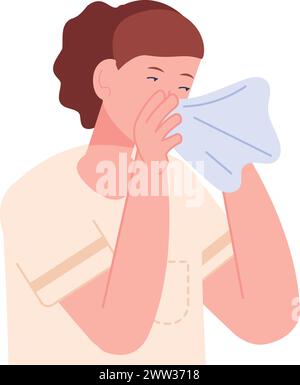 Woman sneezing in tissue. Ill person with flu isolated on white background Stock Vector