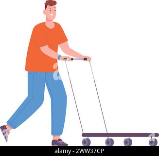 Man pushing cargo cart. Warehouse worker character isolated on white background Stock Vector