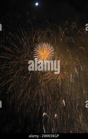 The beautiful fireworks of different colors and shapes exploding in the sky of Valencia during the Fallas celebration Stock Photo