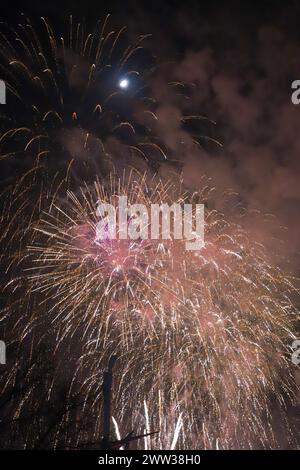 The beautiful fireworks of different colors and shapes exploding in the sky of Valencia during the Fallas celebration Stock Photo