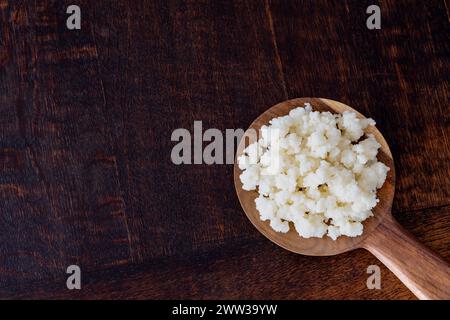 Milk kefir grains on wooden spoon isolated, copy space Stock Photo
