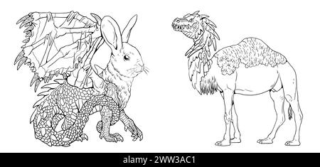 Coloring page with the animals mutants. Coloring book with fantasy creatures. Stock Photo