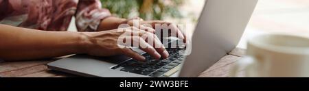 Web banner with hands working on laptop Stock Photo
