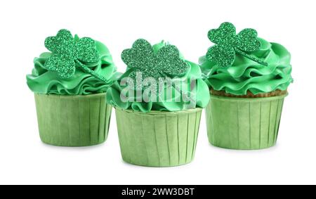 St. Patrick's day party. Tasty cupcakes with green clover leaf toppers and cream isolated on white Stock Photo
