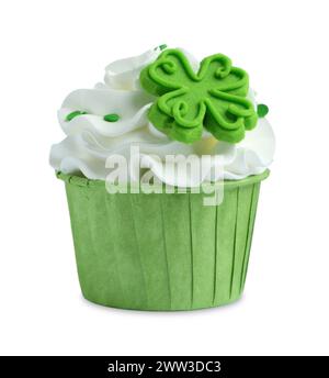 St. Patrick's day party. Tasty cupcake with green clover leaf topper and sprinkles isolated on white Stock Photo