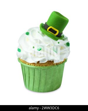St. Patrick's day party. Tasty cupcake with green leprechaun hat topper and sprinkles isolated on white Stock Photo