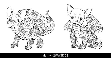 A fantasy creature: half dragon - half French bulldog and Chihuahua. Coloring book with animals mutants. Stock Photo