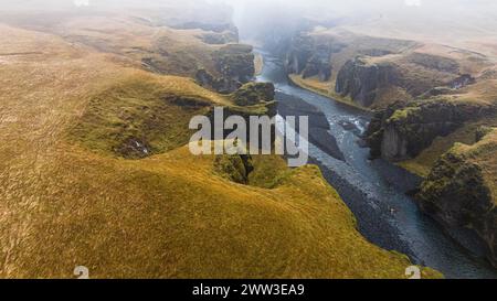 Fjadrarglijufur Canyon in the fog, Justin Bieber Canyon, drone shot, Sudurland, Iceland Stock Photo