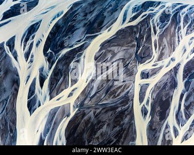 Overgrown river landscape, drone shot, Sudurland, Iceland Stock Photo