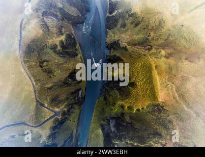 Fjadrarglijufur Canyon in the fog, Justin Bieber Canyon, drone shot, Sudurland, Iceland Stock Photo