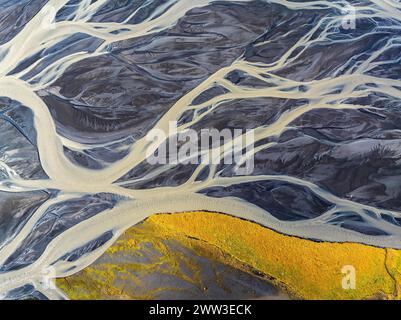 Overgrown river landscape, drone shot, Sudurland, Iceland Stock Photo