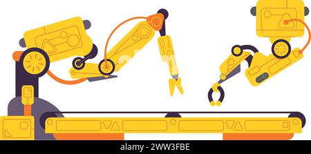 Assembly conveyor with robotic arm. Manufacture technology machinery isolated on white background Stock Vector