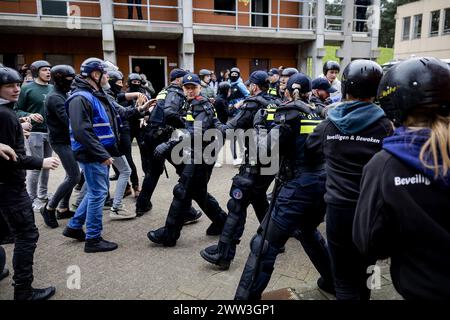 OSSENDRECHT - Police officers in action during a demonstration by the riot police after the presentation of the new uniform of the Zeeland-West Brabant unit at a police training location. ANP ROBIN VAN LONKHUIJSEN netherlands out - belgium out Stock Photo