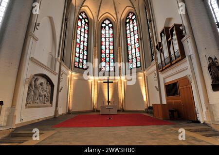 Sankt-Petri-Kirche, parish church, construction began in 1310, Moenckebergstrasse, bright church interior with simple pews and radiant stained glass Stock Photo
